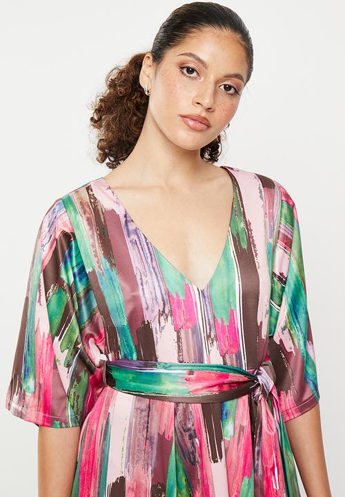 AMANDA LAIRD CHERRY - Walmer dress - blush / emerald / brown / cerise brush stroke 