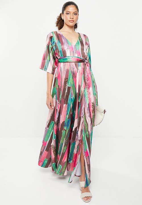 AMANDA LAIRD CHERRY - Walmer dress - blush / emerald / brown / cerise brush stroke 