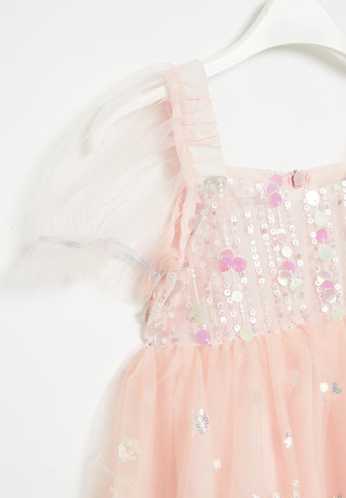 Pop Candy - Puff sleeve mesh occasion dress - pink & silver
