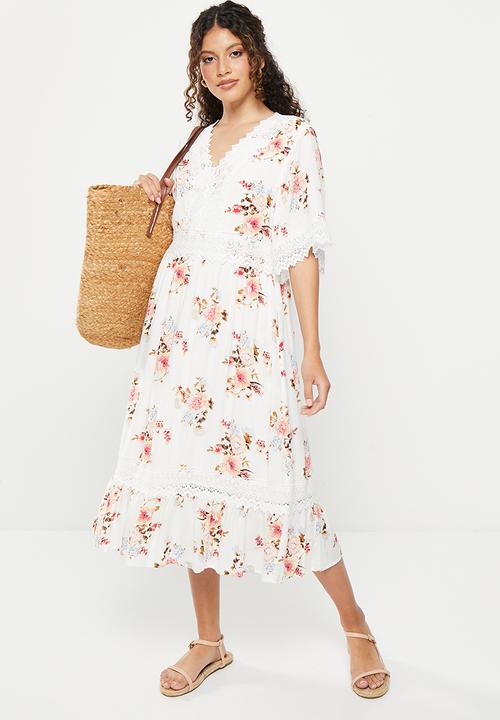 Stella Morgan - Flutter sleeve flower orinted midi dress - multi white