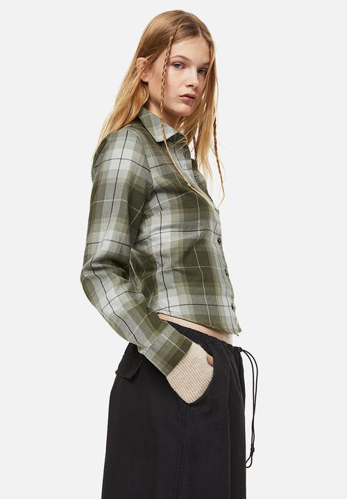 H&M - Fitted cotton shirt - khaki green/checked 