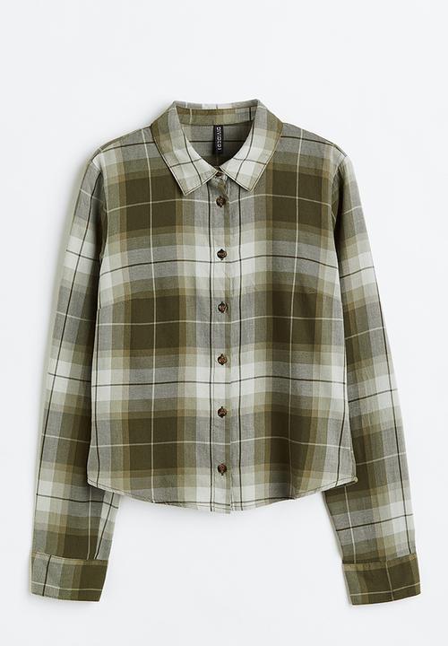 H&M - Fitted cotton shirt - khaki green/checked 