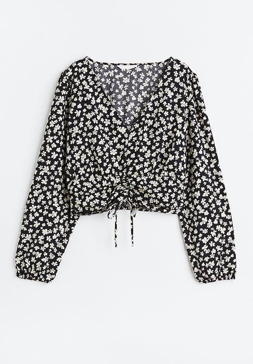 H&M - Drawstring blouse - black/small flowers
