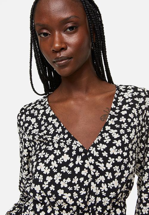 H&M - Drawstring blouse - black/small flowers