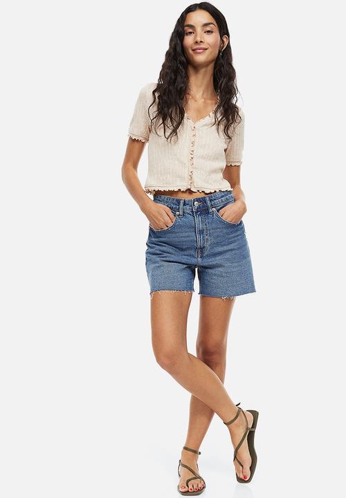 H&M - High waist denim shorts - denim blue 