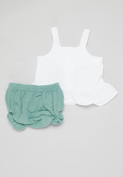 Pop Candy - Ruffle hem cami and shorts set - green & white