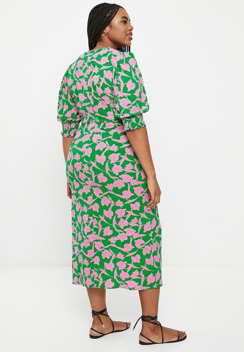 Me&B - Plus gauged volume dress - green & pink