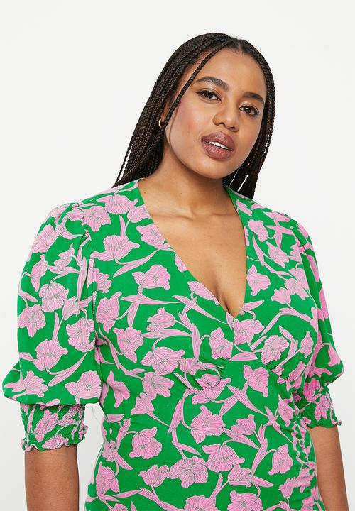 Me&B - Plus gauged volume dress - green & pink