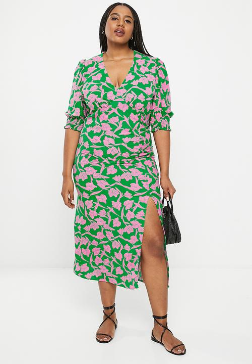 Me&B - Plus gauged volume dress - green & pink