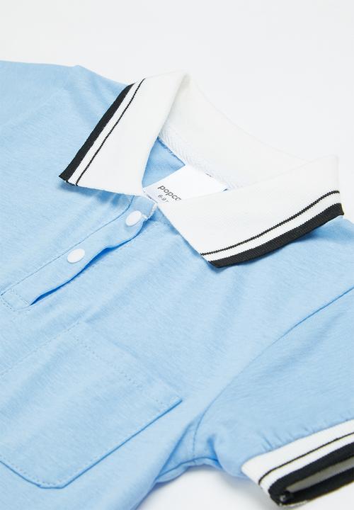 Pop Candy - Short sleeve collared romper - blue and white