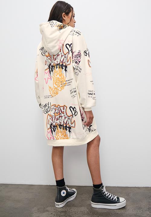 Blake - Graffiti hooded sweat dress - ecru