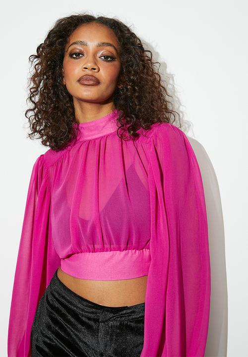 VELVET - Open back sheer pleated blouse - raspberry