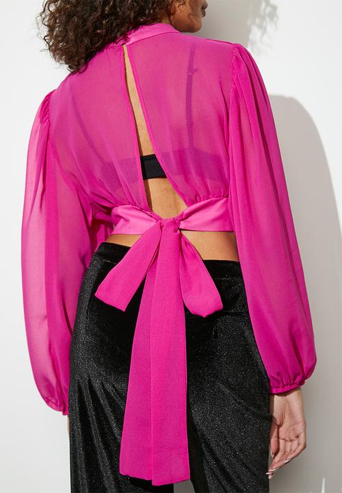 VELVET - Open back sheer pleated blouse - raspberry