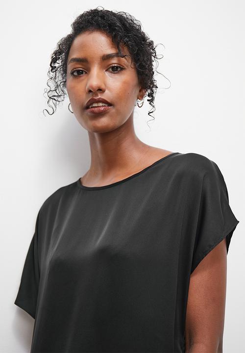 edit - Asym draped satin tee - black