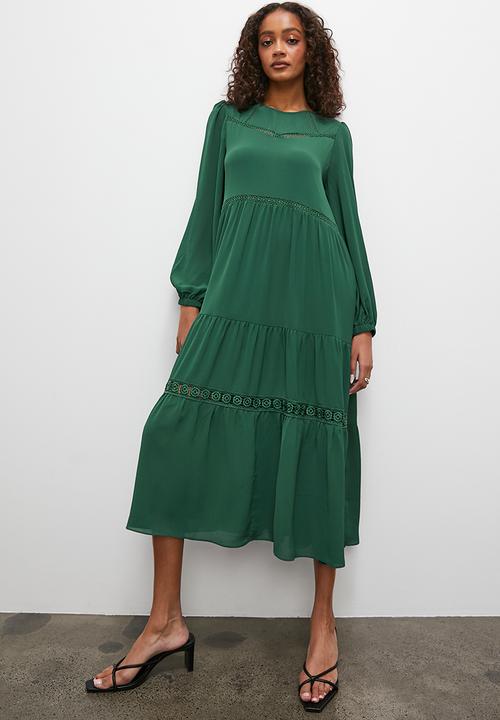Superbalist - Lace inset midi dress with ruffle detail - forest green