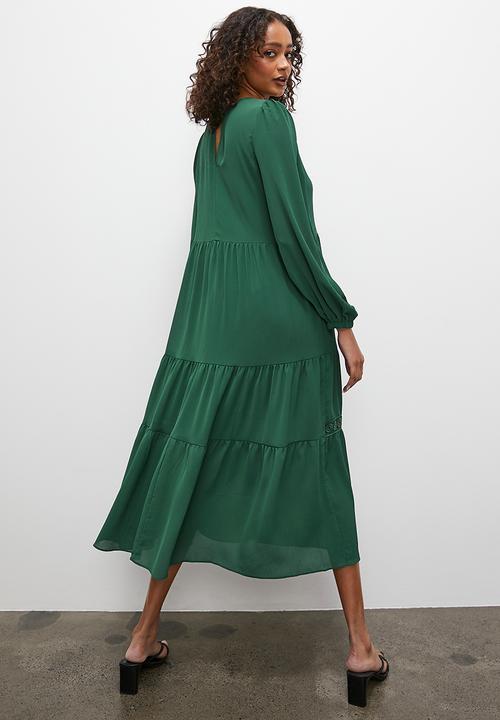 Superbalist - Lace inset midi dress with ruffle detail - forest green