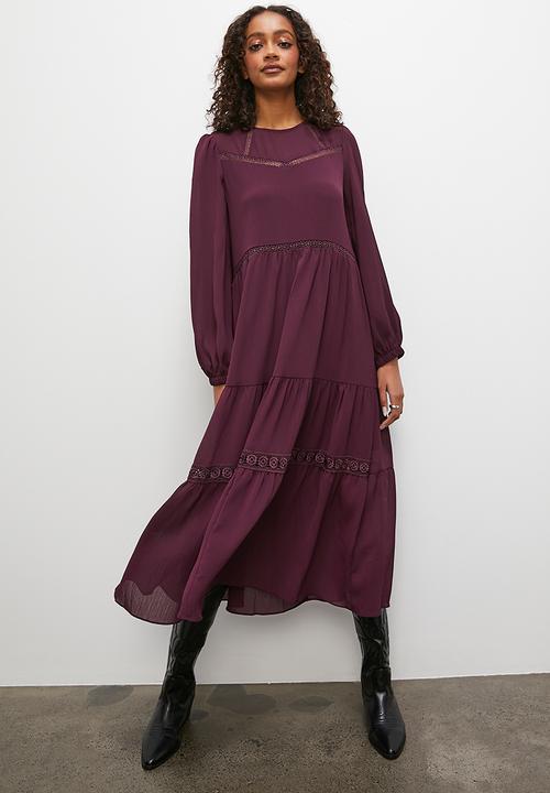 Superbalist - Lace inset midi dress with ruffle detail - wine