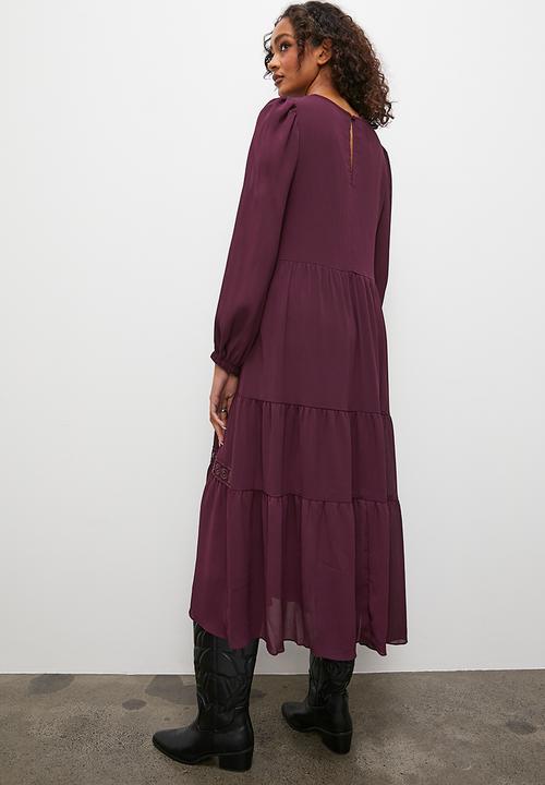 Superbalist - Lace inset midi dress with ruffle detail - wine