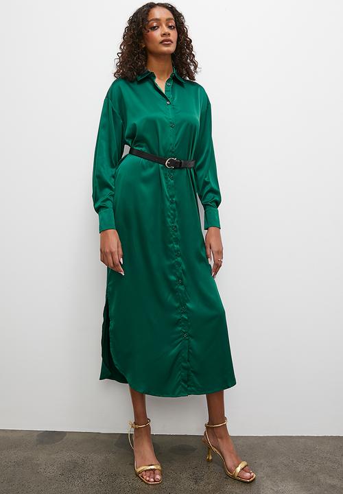 Superbalist - Satin shirt dress with belt - emerald