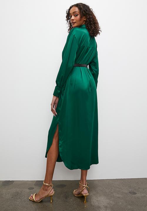 Superbalist - Satin shirt dress with belt - emerald