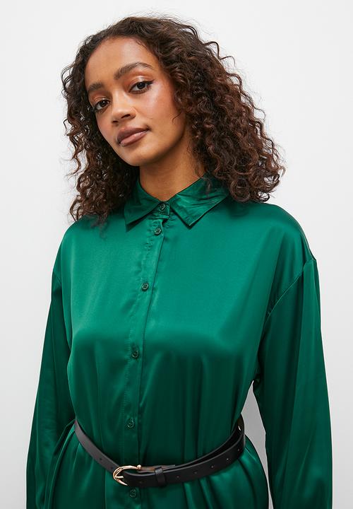 Superbalist - Satin shirt dress with belt - emerald