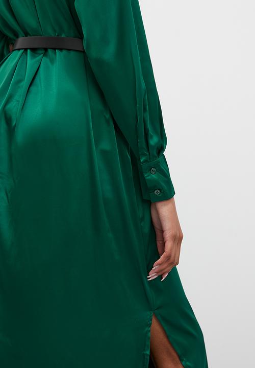 Superbalist - Satin shirt dress with belt - emerald