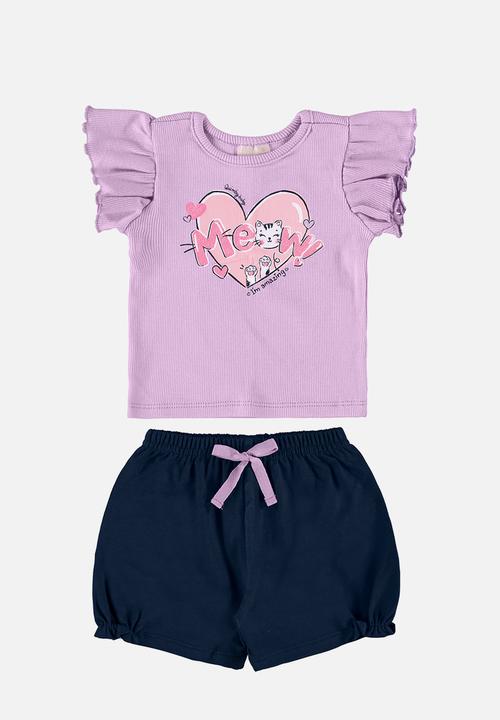 Quimby - Set - ribbed blouse and elastane jersey shorts - light purple & navy 