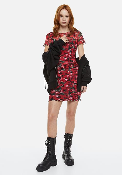 H&M - Gathered mesh bodycon dress - red/floral 