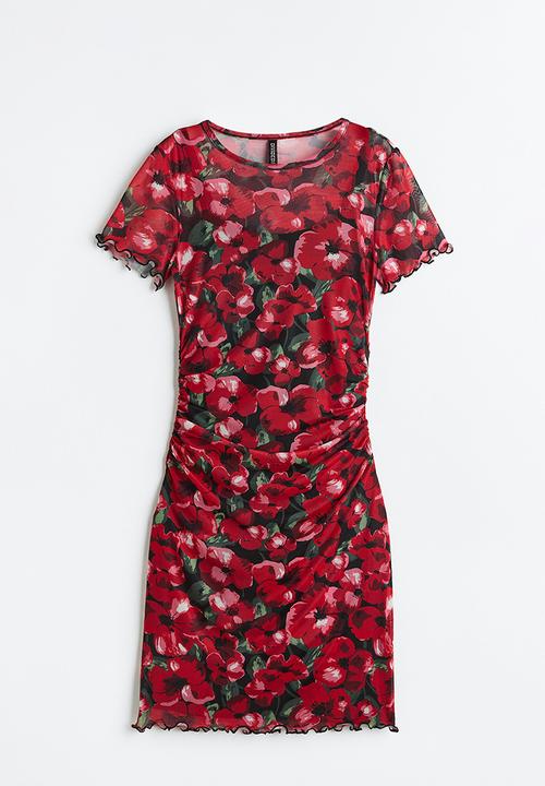 H&M - Gathered mesh bodycon dress - red/floral 