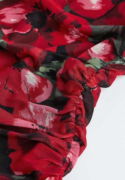 H&M - Gathered mesh bodycon dress - red/floral 