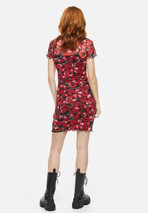 H&M - Gathered mesh bodycon dress - red/floral 