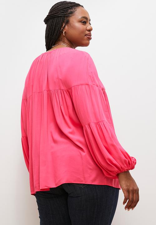 edit - Gathered balloon sleeve blouse - pink