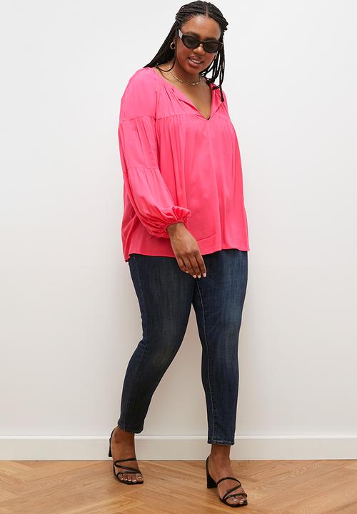 edit - Gathered balloon sleeve blouse - pink