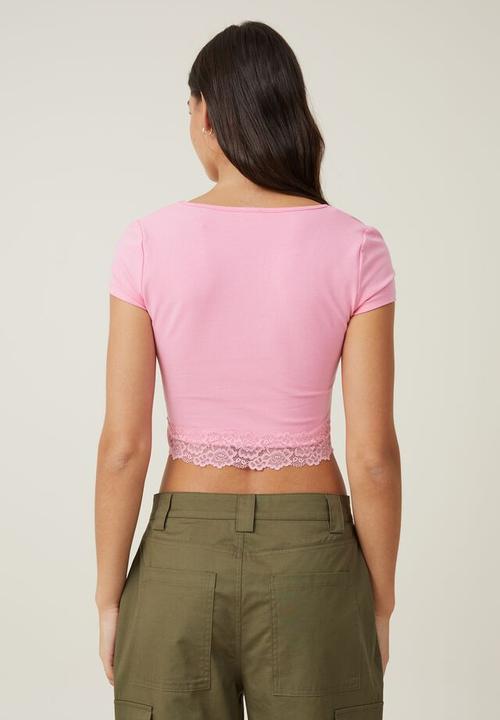 Cotton On - Katie lace hem short sleeve top - sunset pink