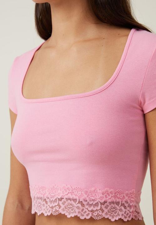 Cotton On - Katie lace hem short sleeve top - sunset pink