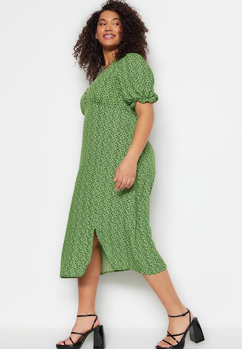 Trendyol - Plus v-neck button down dress - green