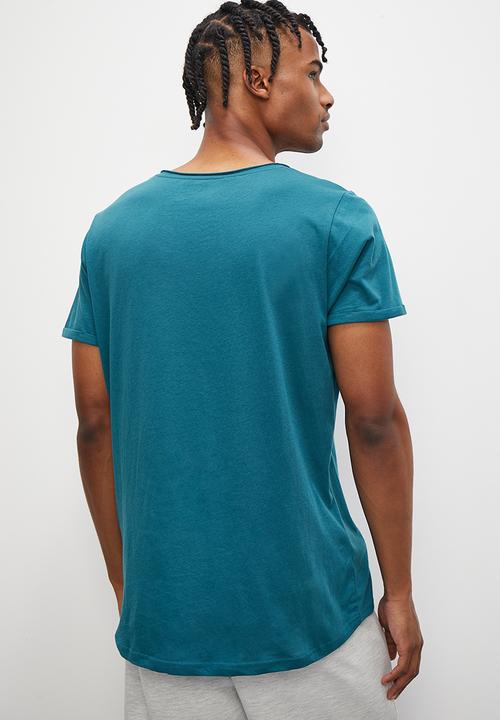 STYLE REPUBLIC - Slash raw edge curved hem pocket tee - teal