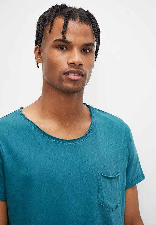 STYLE REPUBLIC - Slash raw edge curved hem pocket tee - teal