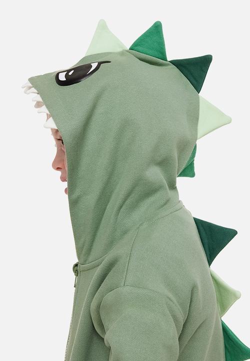 H&M - Appliquéd zip-through hoodie - light khaki green/dinosaur 