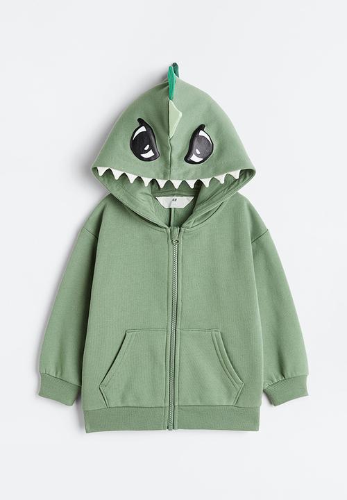H&M - Appliquéd zip-through hoodie - light khaki green/dinosaur 