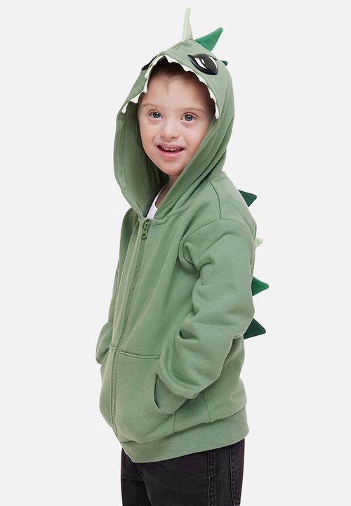 H&M - Appliquéd zip-through hoodie - light khaki green/dinosaur 