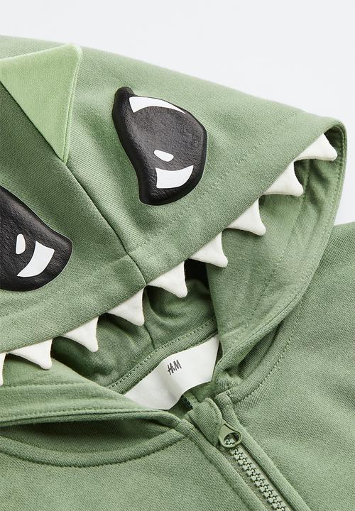 H&M - Appliquéd zip-through hoodie - light khaki green/dinosaur 