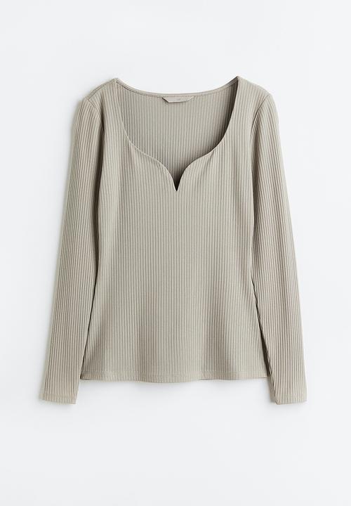 H&M - Long-sleeved ribbed top - light greige