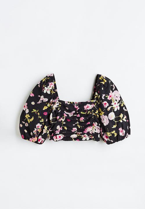 H&M - Puff-sleeved crop top - black,multi