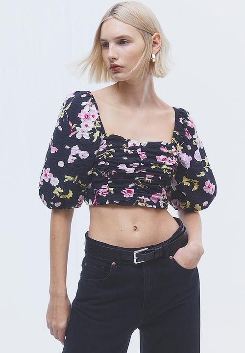 H&M - Puff-sleeved crop top - black,multi
