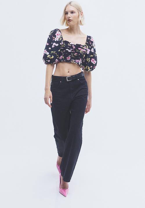 H&M - Puff-sleeved crop top - black,multi