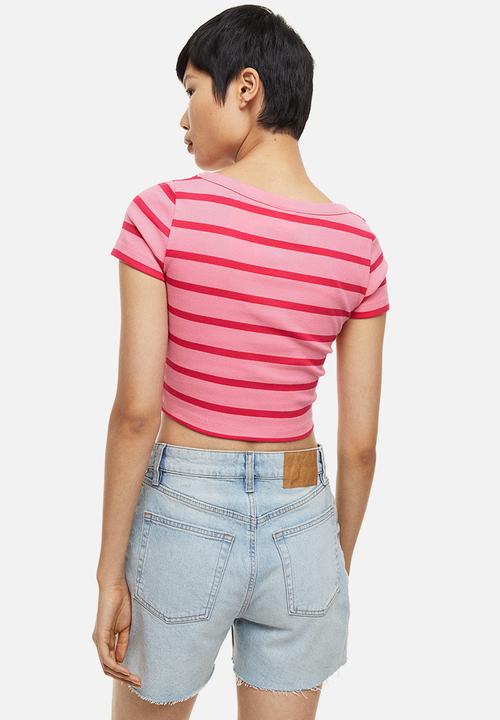 H&M - Ribbed cotton top - pink / striped 