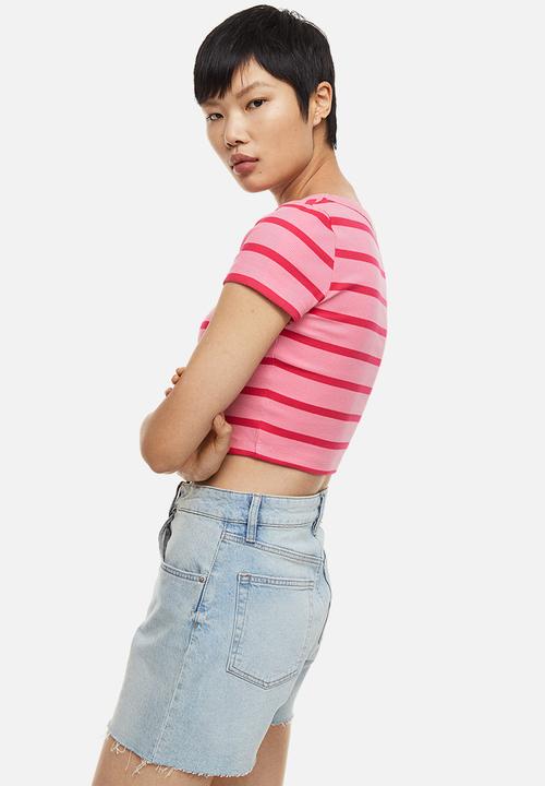 H&M - Ribbed cotton top - pink / striped 