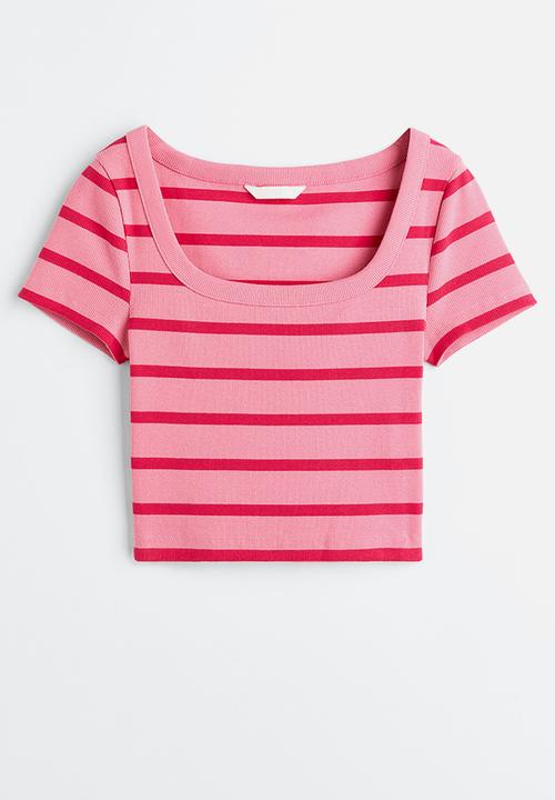 H&M - Ribbed cotton top - pink / striped 