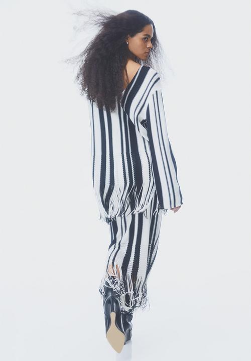 H&M - Oversized fringe-hem top - white/striped 
